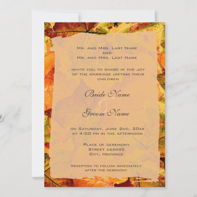 Automne des invitations de mariage feuilles coloré (Devant)