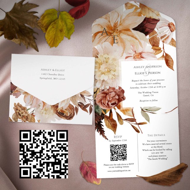 Automne Elegance, invitation mariage de automne av (Fall wedding invitation with QR code rsvp and details card. All-in-one Autumn wedding invites)