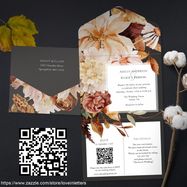 Automne Elegance, invitation mariage de automne av (All-in-one Fall wedding invitation with QR code rsvp and details card. Autumn wedding invitations)