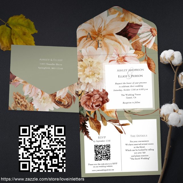 Automne Elegance, invitation mariage de automne av (All-in-one, watercolor floral Fall wedding invitation with QR code rsvp. Sage green Autumn invites.)