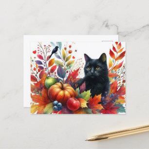 Automne Feuille orange et carte postale Chat noir