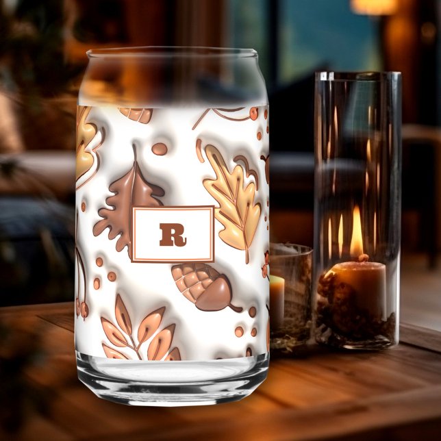 Automne Feuilles d'automne Acorn 3D Monogramme mod (Fall Autumn Leaves Acorn 3D Modern Monogram Can Glass)