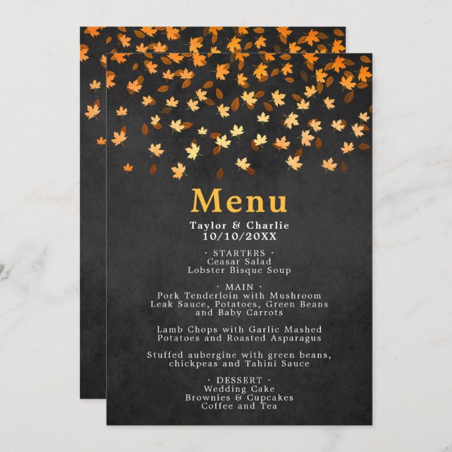 Automne Feuilles d'or et Mariage noir Menu (Devant / Derrière)