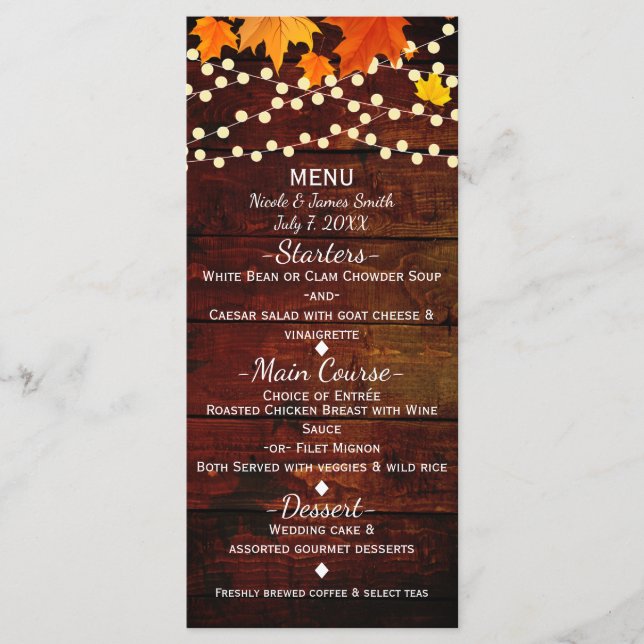 Automne Feuilles et lumières à cordes Menu Mariage (Devant)
