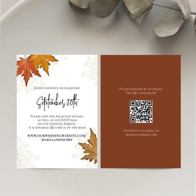 Automne Feuilles Mariage QR Code RSVP (Fall watercolor leaves elegant RSVP card.)