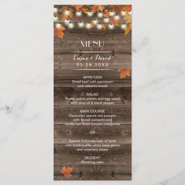 Automne Feuilles Rustique Mariage de automne Menu (Devant)