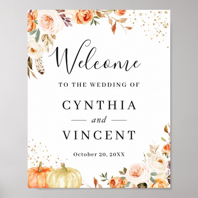 Automne Floral Gold Confetti Mariage Affiche de bi (Devant)