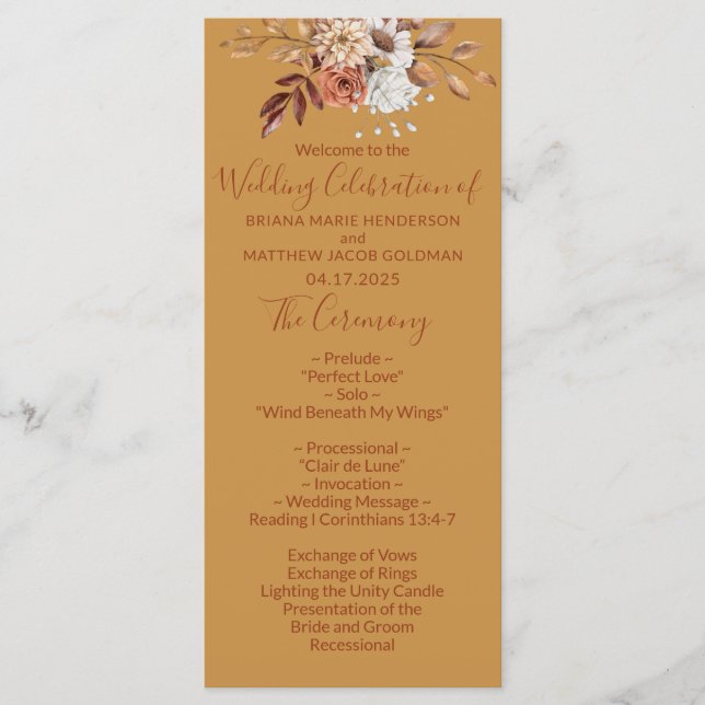 Automne Floral Gold Wedding Programme (Devant)