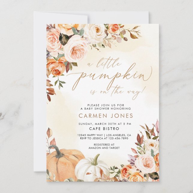 Automne Floral Little Citrouille Invitation Baby s (Devant)