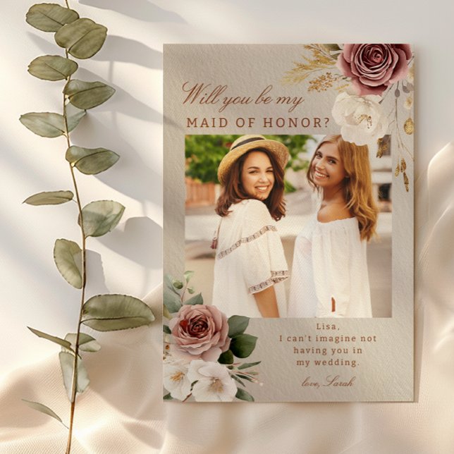 Automne Floral Maid of Honor Carte photo de propos (Will you be my...)