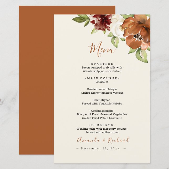 Automne Floral Orange foncé Menu Mariage (Devant / Derrière)