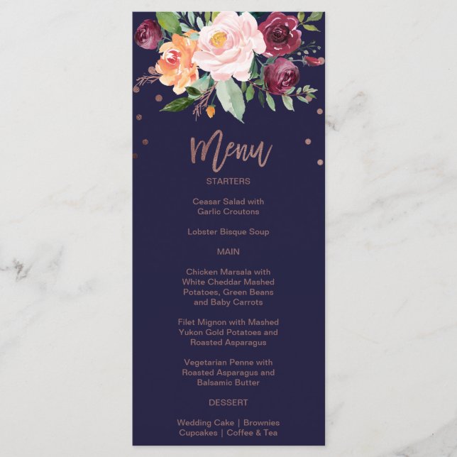 Automne Floral Rose Gold Dinner Carte Menu (Devant)