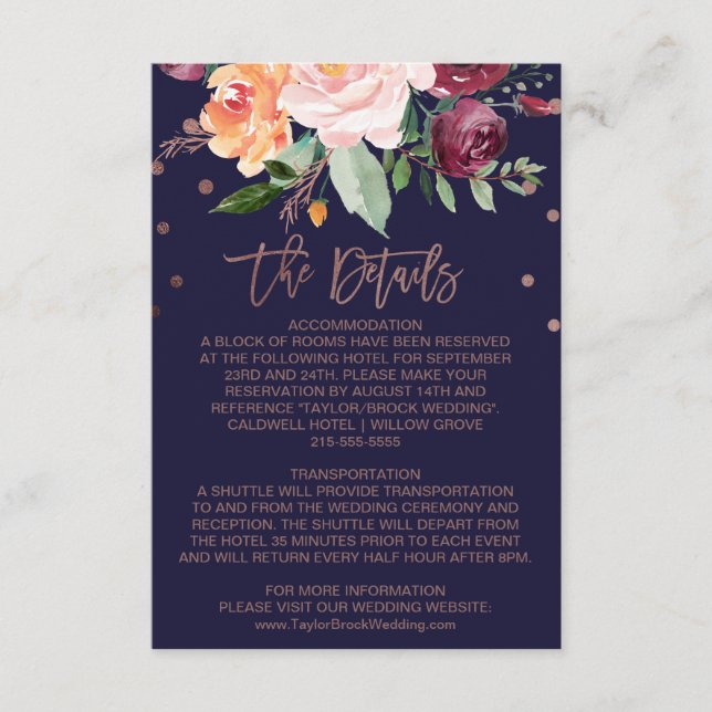 Automne Floral Rose Gold Mariage Détails Carte (Devant)