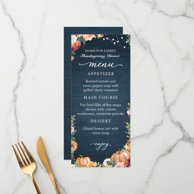 Automne Floral Thanksgiving Dîner Carte menu (Devant/Arrière en situation)
