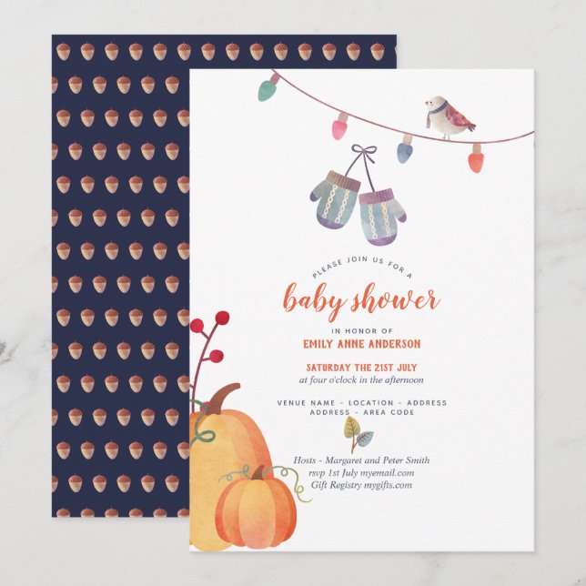Automne Folk Art Baby shower Invitation Orange ble (Devant / Derrière)