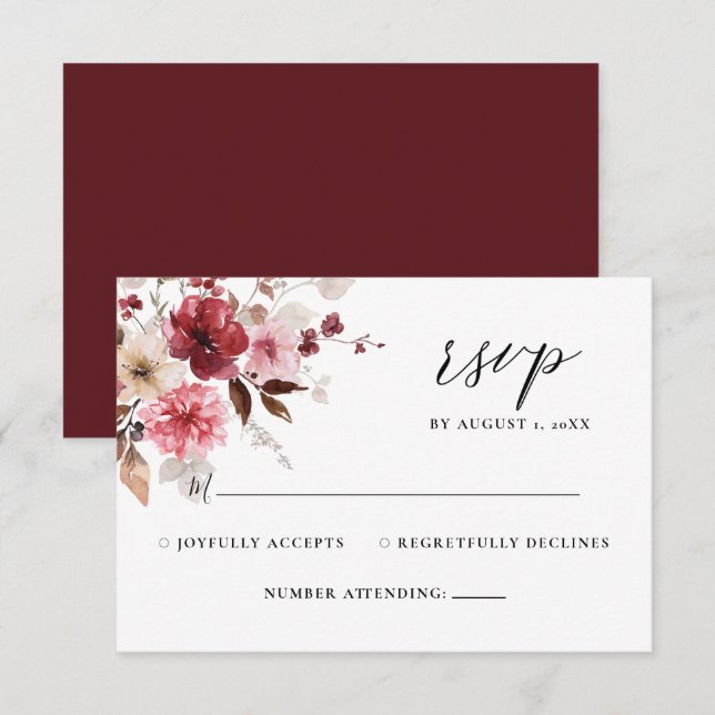 Automne Maroon Blush Rustic Floral Wedding RSVP (Devant / Derrière)