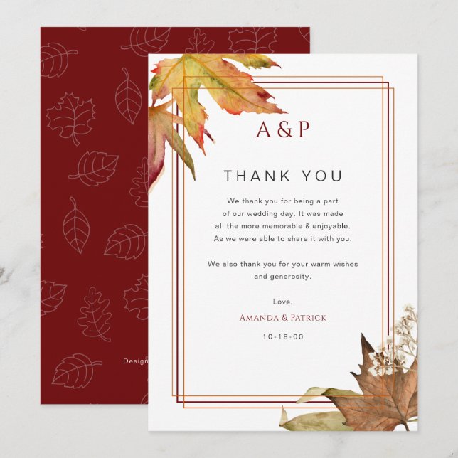 Automne moderne Feuilles Mariage merci cartes (Devant / Derrière)