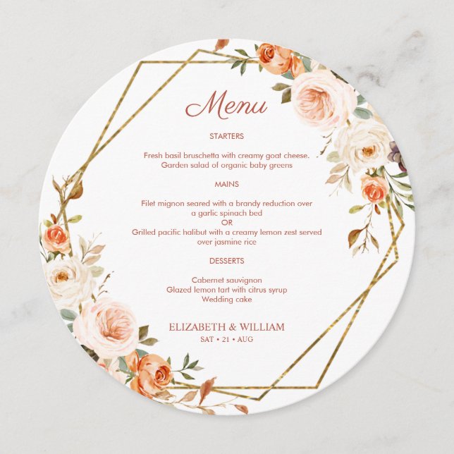Automne Orange Gold Floral Menu Rond Pour Plaque (Devant)