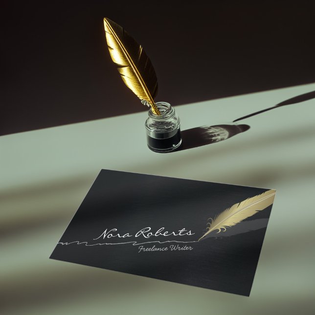 Autoren / Black and Gold Quill Feather Pen Visitenkarte (Von Creator hochgeladen)