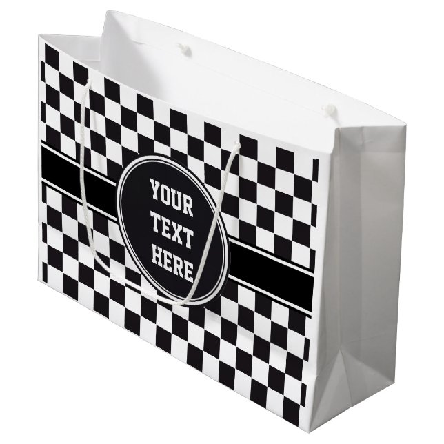 Autorennen-/Schach-Muster + Ihr backgr. u. Ideen Große Geschenktüte (Vorderseite Schrägansicht)