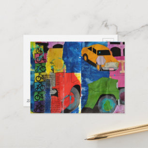 Autos, Fahrräder und Lastwagen Mixed-Media-Collage Postkarte