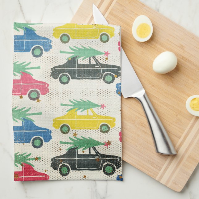 Autos mit Bäumen in der obersten Retro-Küche Küchentuch (Viertel Falte)
