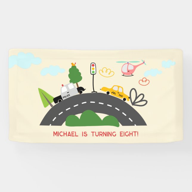 Autos und Fahrzeuge auf der Straße Junge Geburtsta Banner (Horizontal)