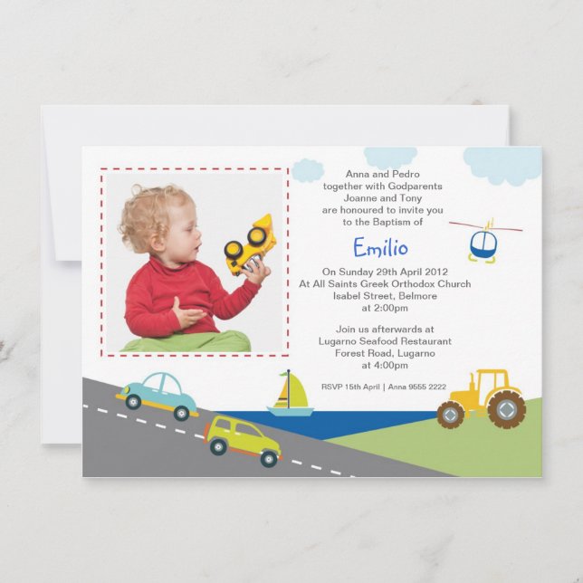 Autos und Lastkraftwagen Taufe Einladung (Vorderseite)