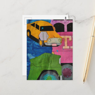 Autos und Lastwagen gelb grün pink blau Collage Postkarte