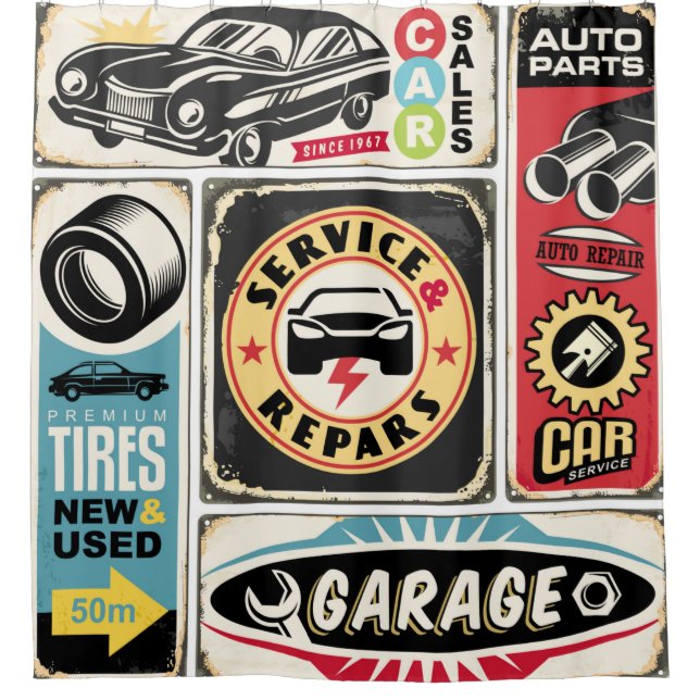 Autoservice und Reparatur der Retroschilder Sammlu Duschvorhang (Vorderseite)