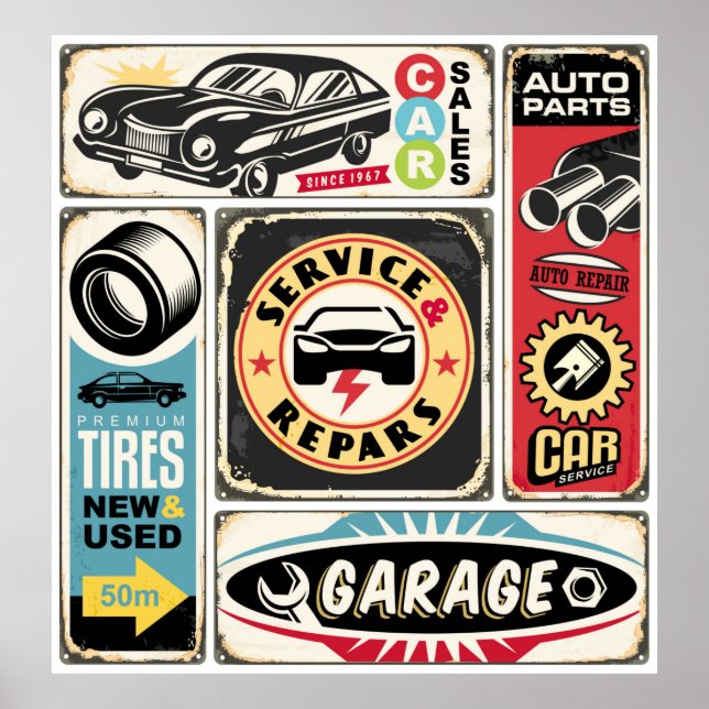 Autoservice und Reparatur der Retroschilder Sammlu Poster (Vorne)