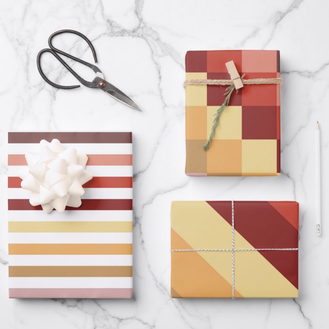 AUTUMENFARBEN STREIFEN UND KUBEN GESCHENKPAPIER SET (Vorderseite)
