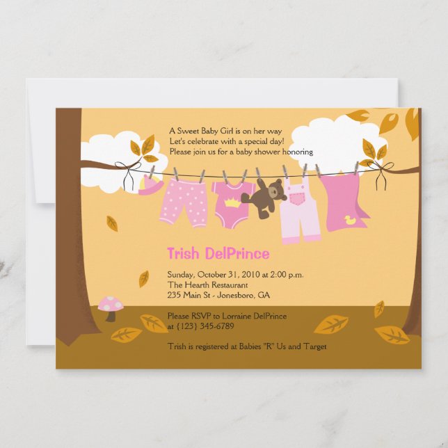 Autumn Baby Clothesline Pink Girl 12x18 Baby Dusch Einladung (Vorderseite)
