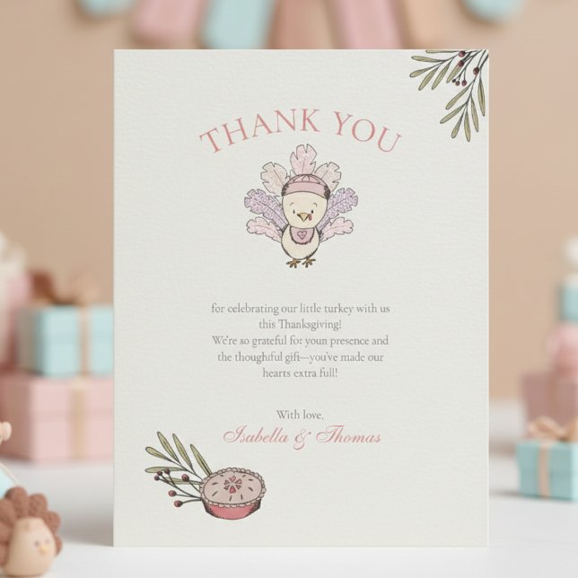Autumn Baby Girl Little Turkey Danke Karte (Fall Little Turkey Thank You Cards. Cute Gingham Feathers Thankful Baby Shower or Thanksgiving Cards)