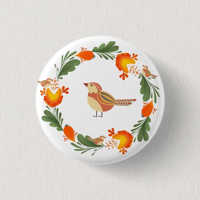 Autumn Bird Folk Art Button (Vorderseite)