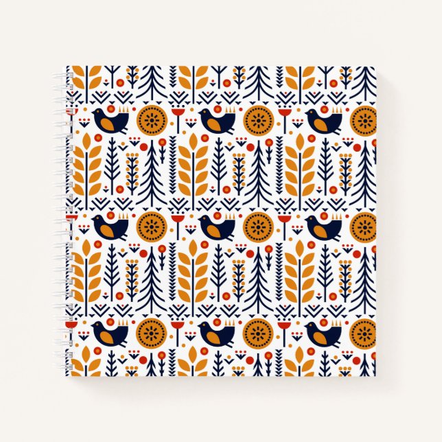 Autumn Bird Folk Art Muster Notizbuch (Vorderseite)