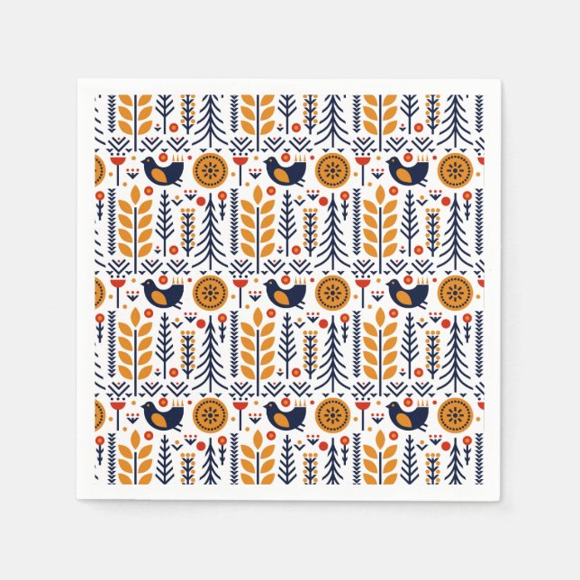 Autumn Bird Folk Art Muster Serviette (Vorderseite)