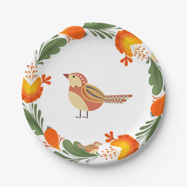 Autumn Bird Folk Art Pappteller (Vorderseite)