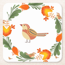 Autumn Bird Folk Art Rechteckiger Pappuntersetzer