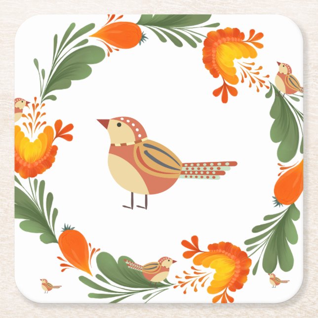 Autumn Bird Folk Art Rechteckiger Pappuntersetzer (Vorderseite)