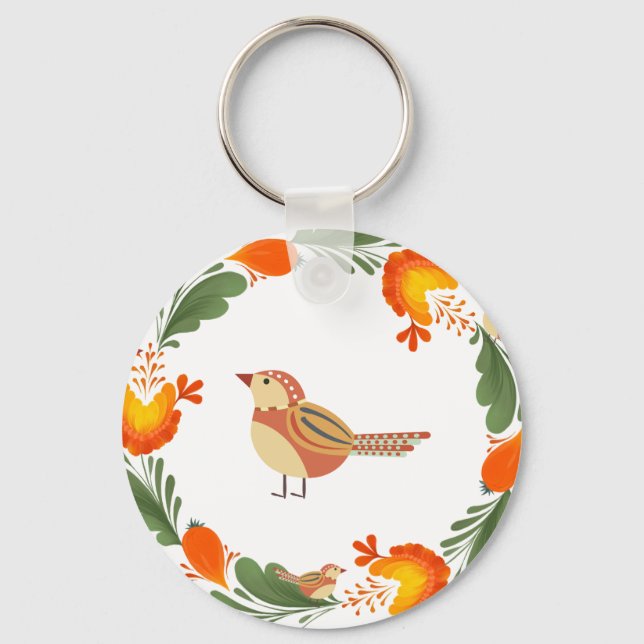Autumn Bird Folk Art Schlüsselanhänger (Vorderseite)