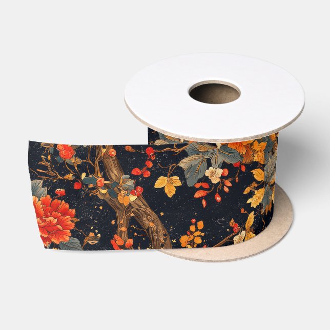 Autumn Black Orange Leaf Chinoiserie Satinband (Spule)