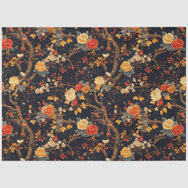 Autumn Black Orange Leaf Chinoiserie Seidenpapier (Vorderseite)