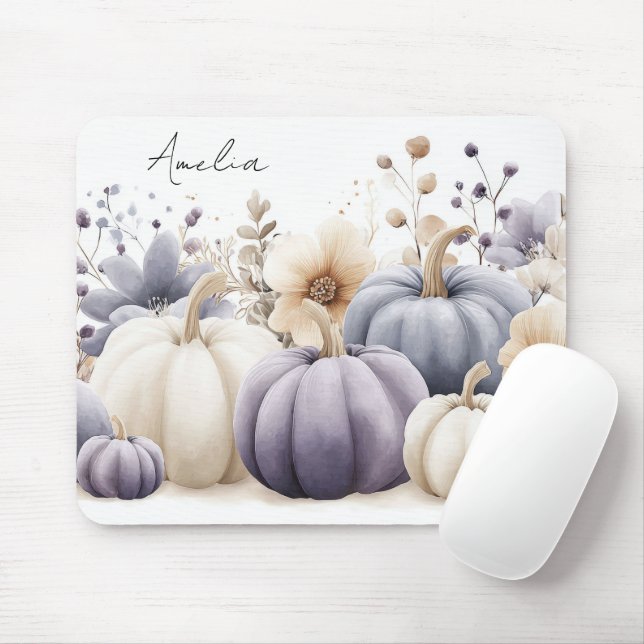 Autumn Blue and Beige Pumpkins and Flowers  Mousepad (Mit Mouse)