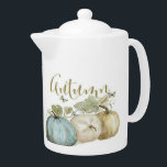 Autumn Blue Pumpkin Medium Tee Pot<br><div class="desc">Auf dieser mittelgroßen Teekanne befinden sich wunderschöne Aquarellkürbis in Weiß-,  Blau-,  Grün-,  Gold- und Brauntönen. Das Wort "Herbst" steht oben auf den hübschen Kürbissen um die Teekanne herum. Koordiniert mit den anderen Designs in der Herbst Blue Pumpkin Collection von Vintag Mamas Hütte Shop.</div>