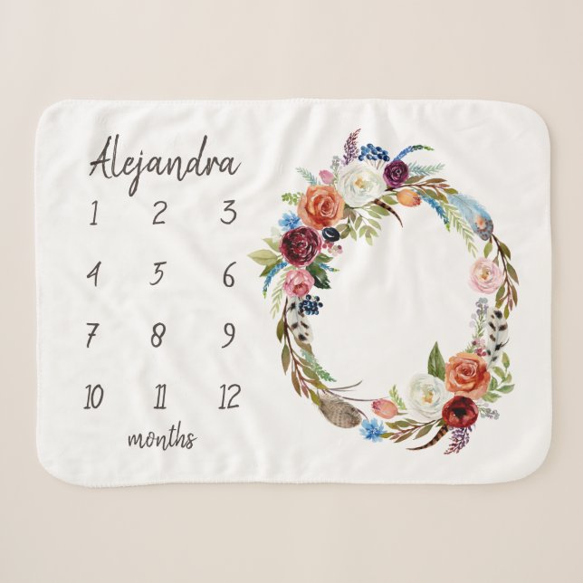 Autumn Boho Blooms Monogram Baby Milestone Foto Sherpadecke (Vorderseite (Horizontal))