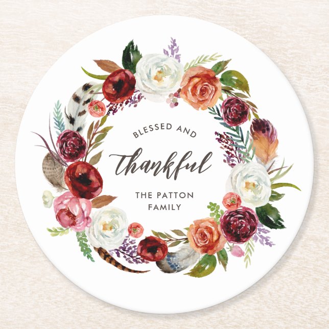 Autumn Boho Blooms Personalisierter Erntedank Runder Pappuntersetzer (Vorderseite)