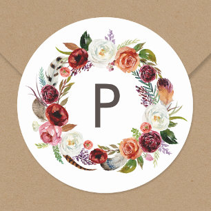 Autumn Boho Blooms Wreath Wedding Monogram Runder Aufkleber