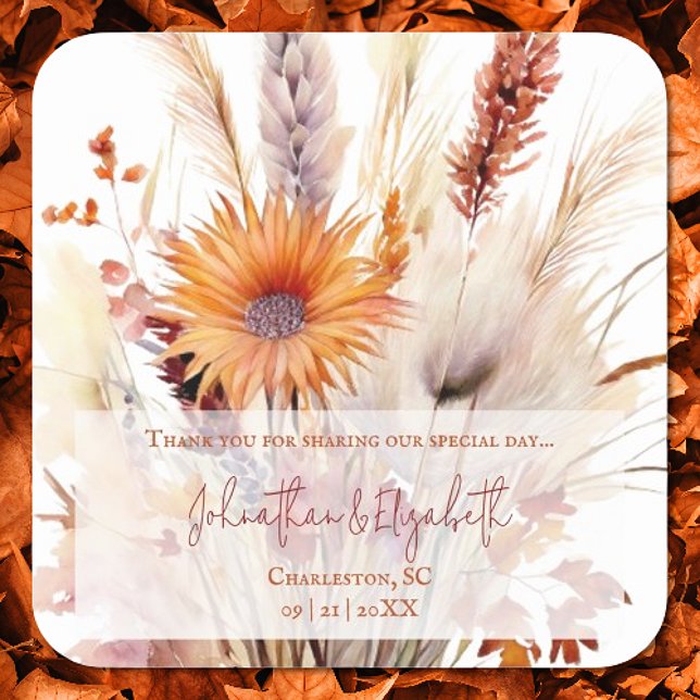 Autumn Boho Floral Gastgeschenk Hochzeit | Weiß Quadratischer Aufkleber (Autumn Boho Floral White Wedding Favor Stickers)