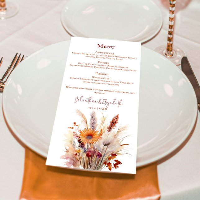 Autumn Boho Floral Wedding Menükarte (Autumn Boho Floral White Wedding Menu)